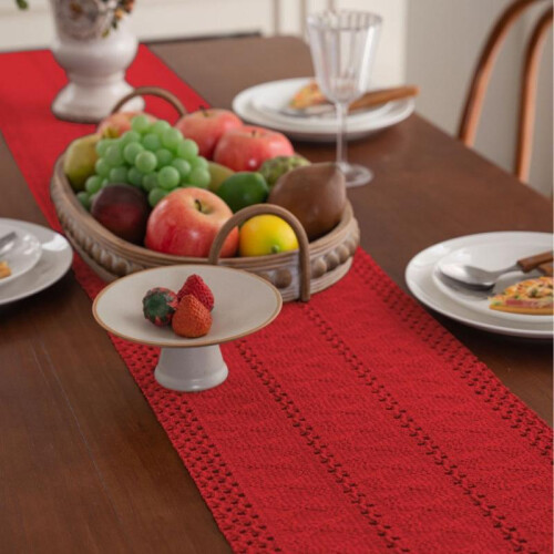 (Red, 33*220cm) Macrame Style Table Runner with Short Tassels Rustic Table Runner Bohemian Fabric Home Decor-1pcs 1