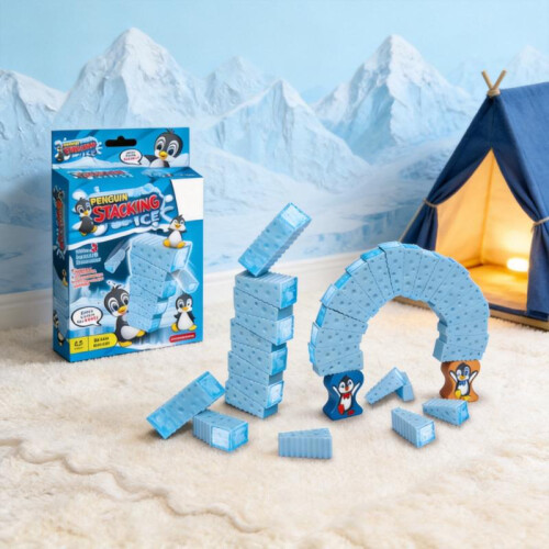 (blue) Penguin Stack Ice Blocks Tabletop Game, Family Fun interactive Multiplayer Balance Challenge Stacking Toy for Kids