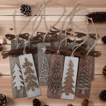 (12pcs) Gray Brown Retro Wooden Christmas Tree Ornaments, Festive Home Tabletop Party Decor