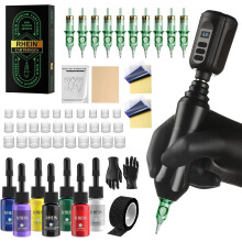 RHEIN Wireless Rotary Tattoo Machine Kit Gun Pen with Inks Needles Starter Set