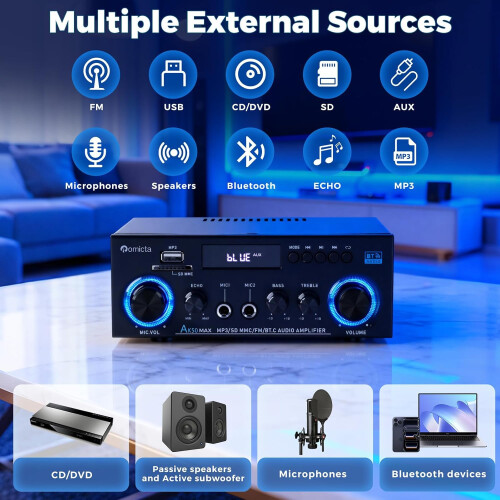 Stereo Audio Hifi Amplifier, 800W Bluetooth Amplifier 5.0, 2 Channels 12V/230V, 1