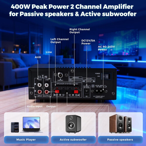 Stereo Audio Hifi Amplifier, 800W Bluetooth Amplifier 5.0, 2 Channels 12V/230V, 2