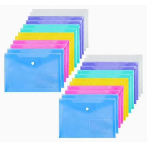24 Pack A5 Document Wallets with Press Stud, Plastic File Sleeves for School, Home Office and Organising Documents