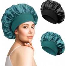 Set van 2 satijnen slaapmutsen, verstelbare zijdeachtige haarband, ademende zachte nachtmuts voor vrouwen en meisjes, zwart.