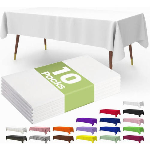 Premium Disposable Tablecloths 10 Pack, 54 x 108 Inch Party Table Covers for Rectangular Tables, White Plastic Tablecloths, Leak R