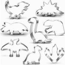 8-osainen dinosaurus-keksimuottisetti, T-Rex, Brontosaurus, Spinosaurus, Brachiosaurus, Triceratops, dinosauruksen pää ja jalanjälki
