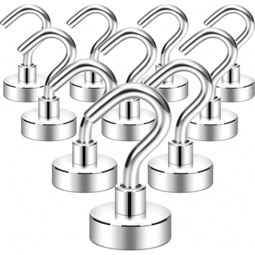 Heavy Duty Magnetic Hooks, 27 lb Pull Force, Strong Fridge Hanger Hooks for Cabinets and Grill, Silver White, 10 Pack