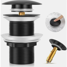 Matte Black Universal Basin Drain Stopper with Brass Pop-Up Waste Valve, No Overflow, Suitable for Bathroom Sinks and Washbasins
