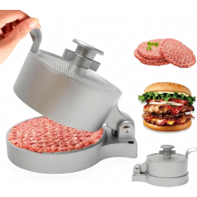 Burgerpers van gegoten aluminium met antiaanbaklaag, handmatige hamburgerpers met instelbare dikte voor gelijkmatig gevormde hamburgers.