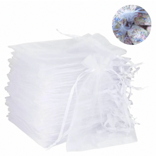 Organza geschenkzakjes 7 x 9 cm, 50 stuks. Kleine witte zakjes met trekkoord voor sieraden, huwelijksbedankjes en feestcadeautjes.