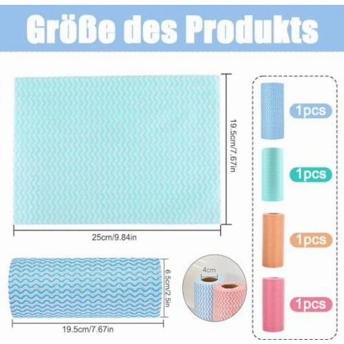 Disposable Cleaning Wipes on Roll, 4 Rolls Nonwoven Kitchen Cloths, 50 Sheets per Roll, Multicolor Dusting and Wiping Tissues for 1