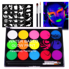 UV-gezichtsverfset voor kinderen, 15 kleuren afwasbare gezichts- en lichaamsverf, make-upkit met 2 kwasten en 32 tatoeages voor Halloween, Ca