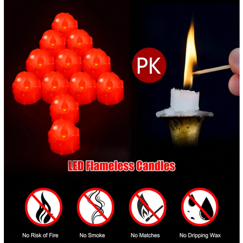 LED Tea Lights with Timer, 12 Pack Electric Red Flickering LED Candles, Long Lasting Timer Function for Wedding, New Year, Living 1