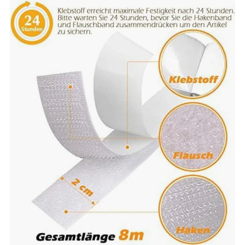 Self Adhesive Hook and Loop Tape, 8 Meter Extra Strong Double Sided 20mm Wide Fastening Strip, White 2
