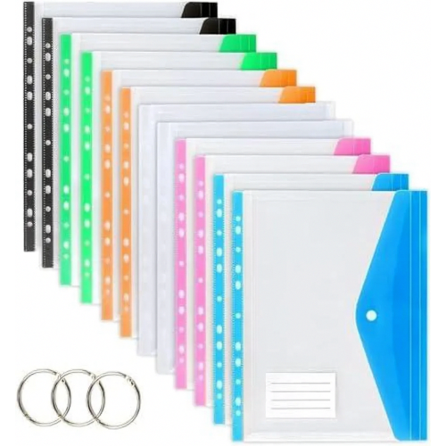 A4 Transparent Document Wallets, 12 Pack, Expandable Waterproof Filing Folders with Snap Closure, 6 Colors