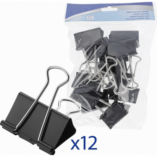 Foldback Clips 50 mm Black 12 Pack Metal Document Clips for Office and Home Durable Reusable Paper Clips 1