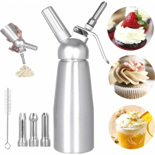 Roestvrijstalen slagroomdispenser van 500 ml met 3 spuitmondjes en reinigingsborstel, professionele aluminium slagroomsifon voor desserts.
