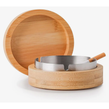 Afgedekte asbak voor buitengebruik, roestvrij staal met bamboe deksel, winddicht, geurafdichtend retro design, grote asbak voor rook.