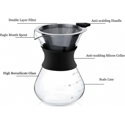 Handfilter-Kaffeebereiter aus Edelstahl mit Permanentfilter, 400 ml, Schwarz 1