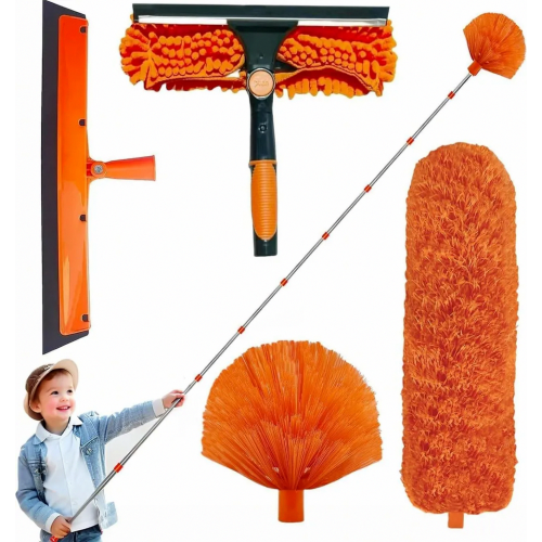 Telescopic Dusting Brush 6m, Extendable Microfiber Duster with 1.5 to 4.9 m Handle, Window Squeegee with Scrubber, Spider Web Clea