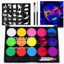 UV-Schminkset, 15 Farben, abwaschbare Körperfarbe für Kinder, mit 2 Pinseln und 32 Tattoos für Halloween und Karneval