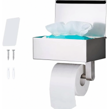 Toilet Paper Holder Without Drilling, SUS304 Stainless Steel Silver with Shelf, Tissue Box Holder for Kitchen and Bathroom, Wall M