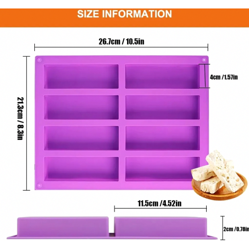 2 Pack Silicone Cereal Bar Molds, Nonstick 8-Cavity Energy Bar Baking Pan, Rectangular Mold for Bread, Brownies, Cornbread, Cheese 1