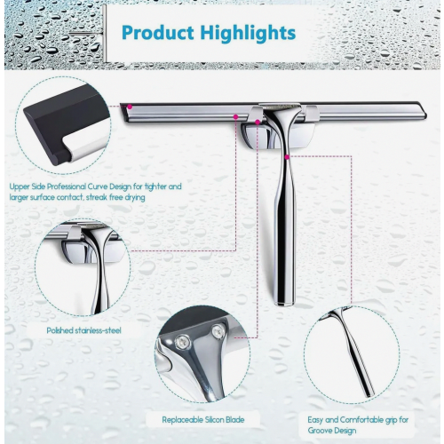Stainless Steel Shower Squeegee, Window Cleaner with Rubber Blade, Includes 1 Replacement Blade and 1 Hook 1