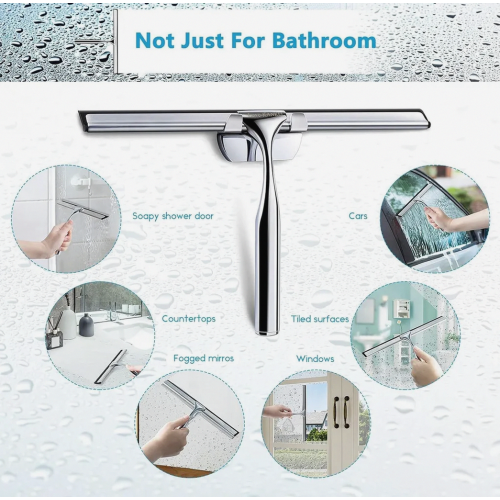 Stainless Steel Shower Squeegee, Window Cleaner with Rubber Blade, Includes 1 Replacement Blade and 1 Hook 2