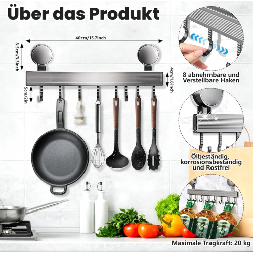Kitchen Hook Rack with Suction Cups, 8 Hooks, 40 cm Long, 20 kg Load Capacity, Removable Rustproof Wall Organizer for Utensils and 1