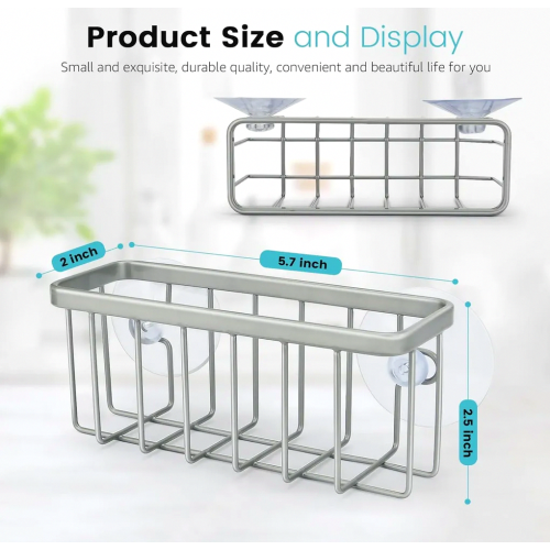 Kitchen Sink Sponge Holder Caddy, Matte Silver Dish Sponge Organizer for Sink Side Storage, Rust Resistant Metal 1