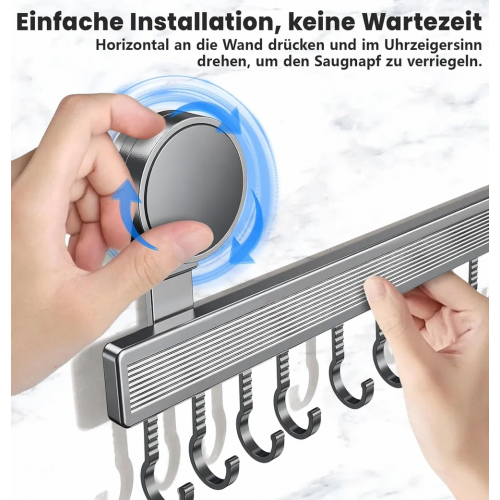 Kitchen Hook Rack with Suction Cups, 8 Hooks, 40 cm Long, 20 kg Load Capacity, Removable Rustproof Wall Organizer for Utensils and 2