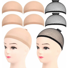 Set van 6 nylon pruikmutsen, rekbare en ademende haarnetjes met elastische onderkant, 4 beige en 2 zwarte, lichtgewicht en comfortabel.