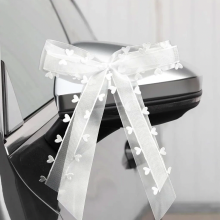 50 bielych ručne vyrobených saténových stužiek na auto s potlačou srdca na svadobnú a vianočnú výzdobu, 25 x 1