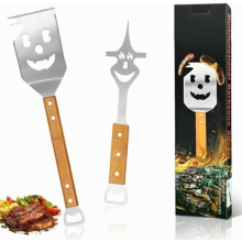2-delige 7-in-1 barbecuespatelset met vlammendesign, roestvrijstalen grillspatel met houten handvat, multifunctionele barbecue