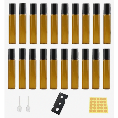 20-Pack 10ml Brown Glass Roll-On Bottles, Empty Refillable Roller Bottles for Essential Oils, Perfume, Travel Use
