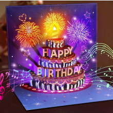 Biglietto d'auguri pop-up con musica e luci, torta 3D e fuochi d'artificio, regalo per donne, uomini e amici.