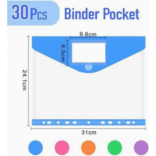 30-Pack A4 File Folders, 5 Colors Document Wallets with Hook and Loop Closure, Waterproof Clear Pockets with 11 Holes, Transparent 1