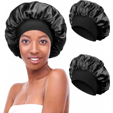 Set van 2 satijnen slaapmutsjes, verstelbaar, zacht, zijdeachtig, hoofddeksel met elastische band voor vrouwen en meisjes, zwart.