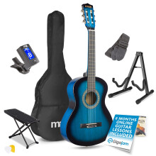 Max SoloArt Junior 3/4 Size Classic Acoustic Guitar with Stand & Footrest - Blue