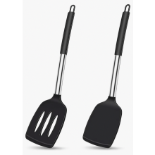 2 Pack Silicone Spatulas, Heat Resistant BPA Free Kitchen Turner with Stainless Steel Handle for Fish, Eggs, Pancakes, Black