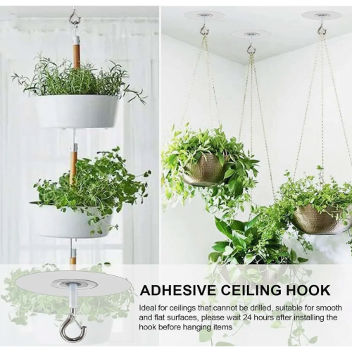 3 Pack Self-Adhesive Ceiling Hooks with Safety Lock, Heavy Duty No Drill Wall Hooks, Extra Strong Adhesive Hooks for Hanging Flowe 1
