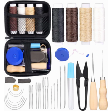 Leather Sewing Kit, Hand Stitching Tool Set with Waxed Thread, Leather Needles, Awl, Thread Scissors, Thimble, Measuring Tape and