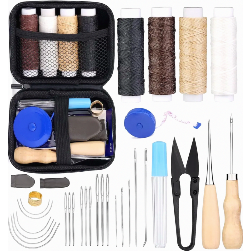 Leather Sewing Kit, Hand Stitching Tool Set with Waxed Thread, Leather Needles, Awl, Thread Scissors, Thimble, Measuring Tape and
