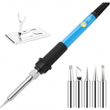 Set saldatore da 60 W con temperatura regolabile, 5 punte, supporto e impugnatura blu per lavorazione dei metalli, gioielli, riparazioni elettriche