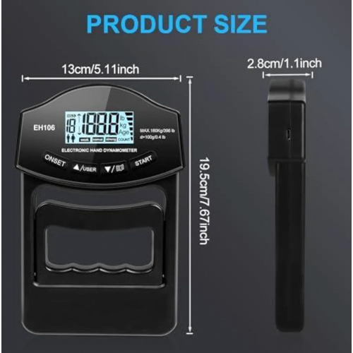 Digital Hand Dynamometer, Electronic Grip Strength Meter, Black Hand Grip Tester with USB Charging Cable for Training an 1