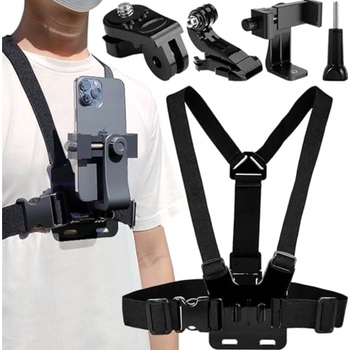 Multi-Function Adjustable Phone Chest Mount Clip Holder for Action Camera and Smartphone, Hands Free Selfie Support, Spo