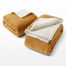 (Single Blanket Set, Ochre) Set of 2 – Soft Sherpa Fleece Throw Blankets | Cosy Warm Plush Sofa Bed Throws Perfect Family Pack