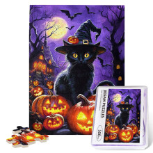 Casse-têtes Halloween Chat 500 Pièces pour Adultes Jigsaw Puzzle Chat Noir Citrouille