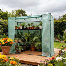 Serre de jardin - 204x79,5x171,5 cm - Structure acier renforcé - Bâche respirante PE - Porte zippée enroulable